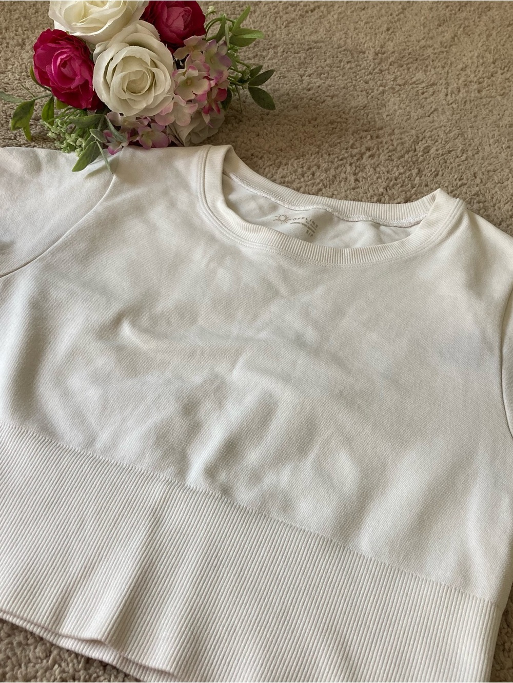 aerie White Ribbed-Hem Crop Sweatshirt